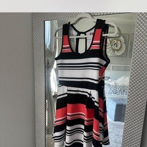 Three Hearts Black White Red Striped Fit-and-Flare Dress